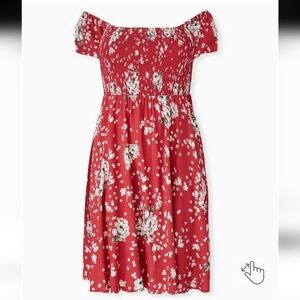 Torrid Mini Challis Off-Shoulder Skater Dress with pockets smocked top